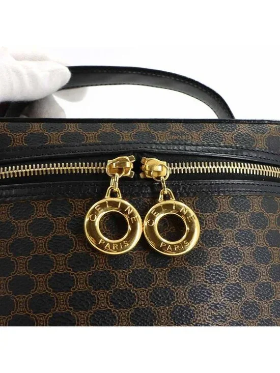 Celine Macadam Vanity Hand Bag Leather Black Brown Vintage Gold - Picture 8 of 10